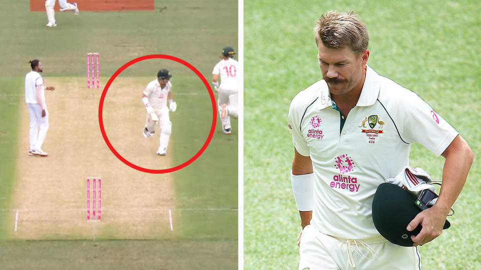 David Warner (pictured left) running between the wickets and (pictured right) walking off the field aftern his wicket.