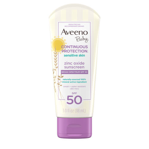 Aveeno Baby Continuous Protection Sensitive Skin Zinc Oxide Sunscreen SPF 50 (Photo: Walmart)