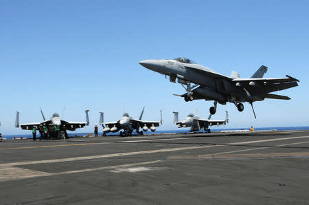 F/A-18 fighter jet takes off at the USS Harry S. Truman aircraft carrier in the eastern Mediterranean Sea, June 6, 2016. REUTERS/Andrea Shalal