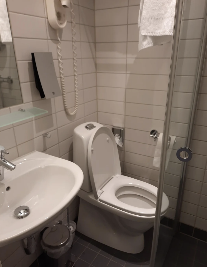 Accessible bathroom with a toilet, sink, towel, and wall-mounted hairdryer