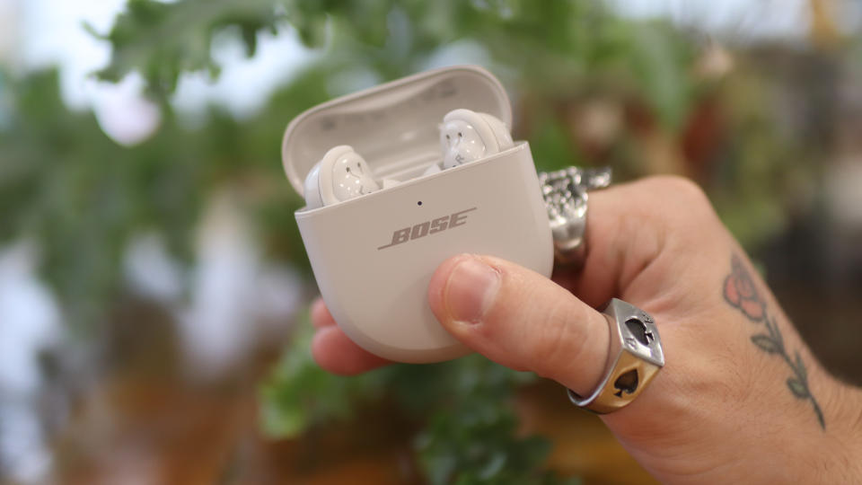 The Bose QuietComfort Ultra earbuds in white