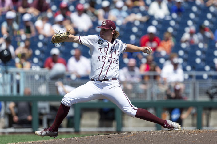 Texas A&M pitcher Joseph Menefee throws in the second inning against Oklahoma during an NCAA College World Series baseball game Friday, June 17, 2022, in Omaha, Neb. (AP Photo/John Peterson)