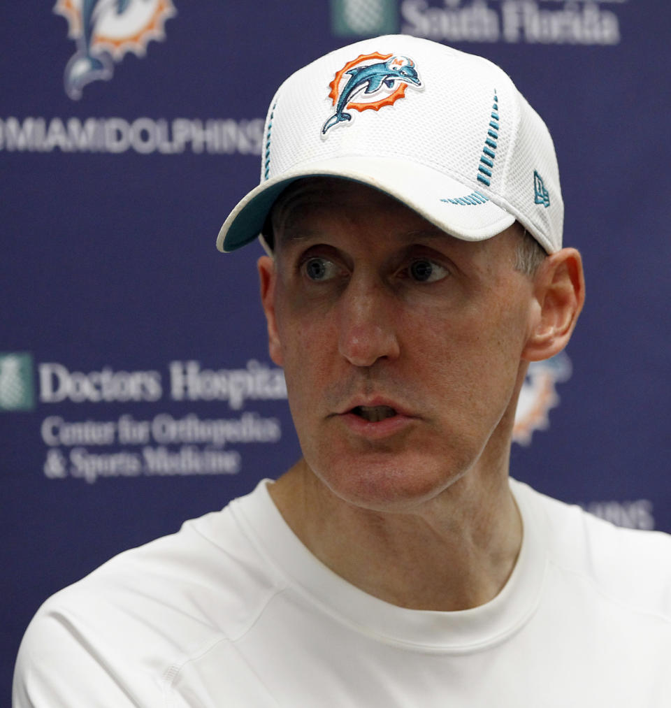 Miami Dolphins head coach Joe Philbin talks to reporters during a news conference after NFL football training camp in Davie, Fla., Monday, Aug. 13, 2012. (AP Photo/Alan Diaz)