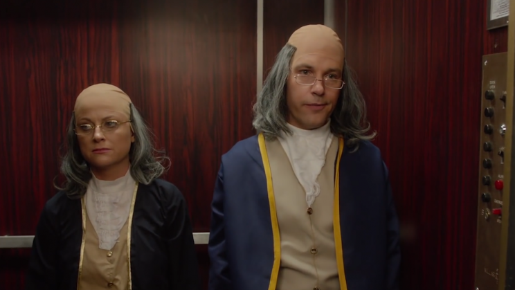 Amy Poehler and Paul Rudd as Benjamin Franklin. 