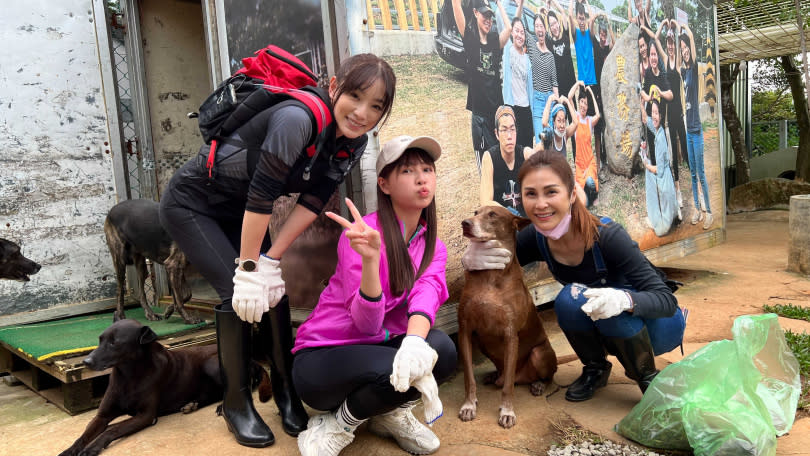 賴芊合（左起）、謝京穎、梁佑南幫流浪動物整理環境，當毛小孩一日陪玩的姊姊。（圖／民視提供）