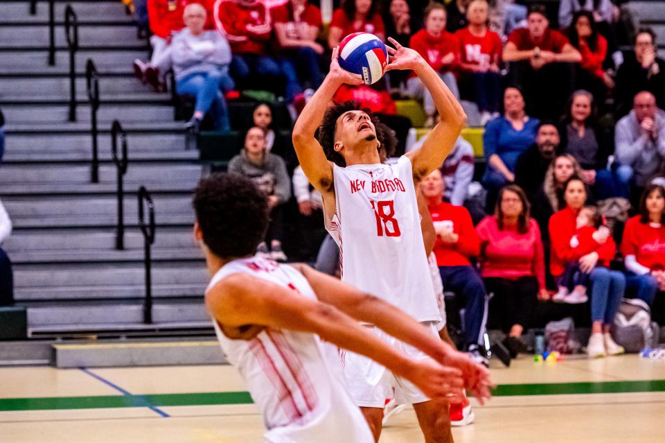 New Bedford's Carter Barbosa sets up an outside hitter.