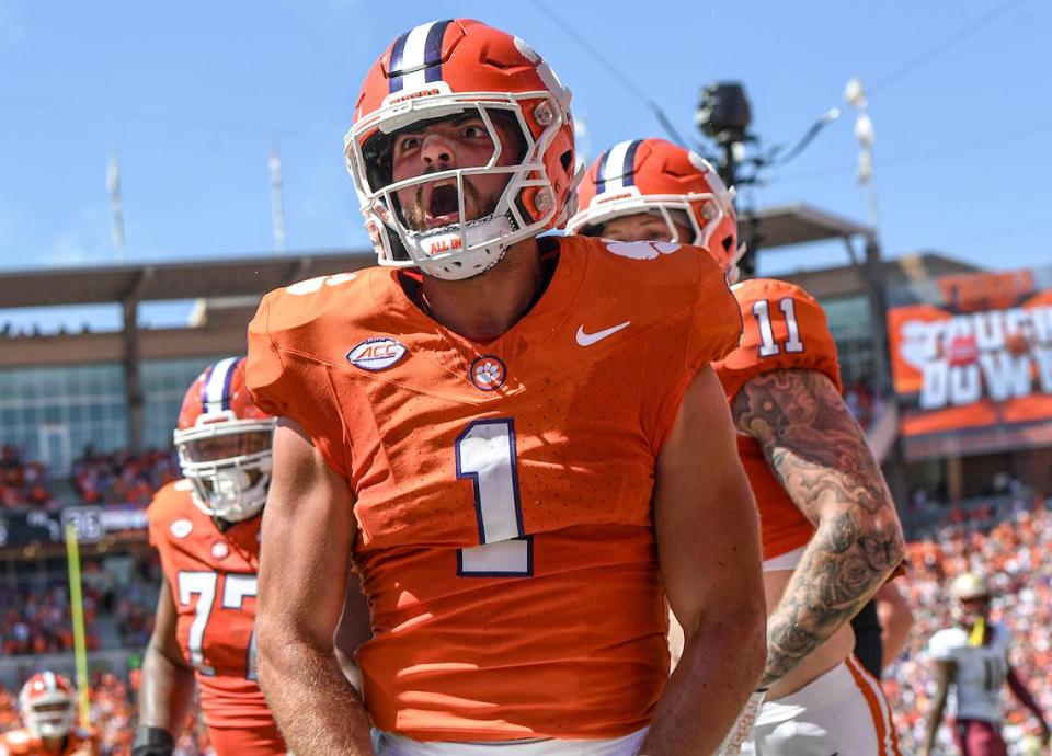 Clemson Tigers running back Will Shipley (1) celebrates after scoring a touchdown against the Florida State Seminoles during the second quarter at Memorial Stadium.
