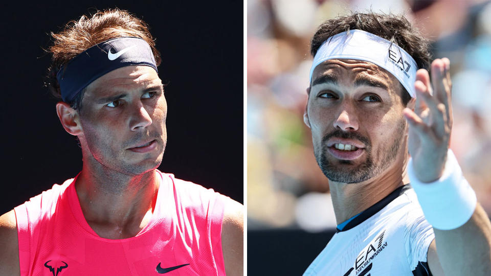 Fabnio Fognini (pictured right) is furious and gestures and Rafael Nadal (pictured left) looks puzzled.