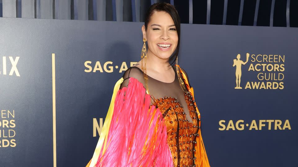 Gladstone's "Killers of the Flower Moon" co-star Cara Jade Myers also donned colorful fringe. - Monica Schipper/FilmMagic/Getty Images