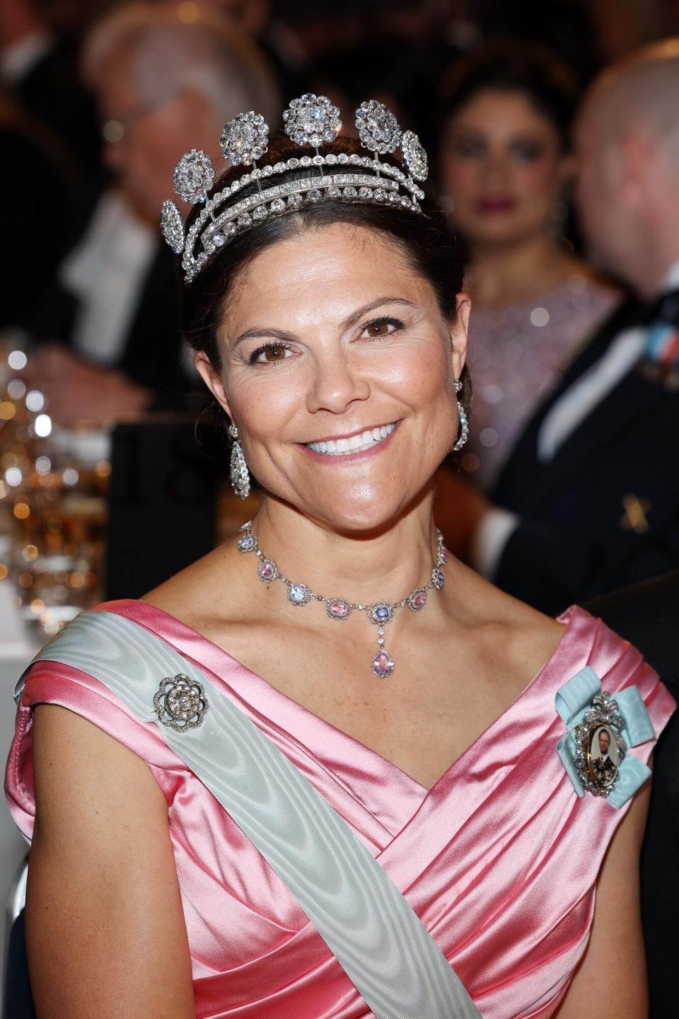 Crown Princess Victoria of Sweden attends the Nobel Prize Banquet 2022 at Stockholm City Hall on December 10, 2022 in Stockholm, Sweden.