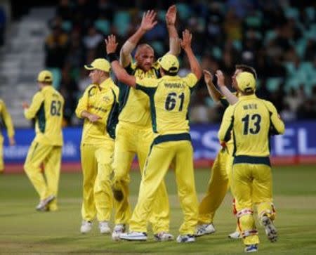 Cricket - Australia v South Africa - Third ODI cricket match - Kingsmead Cricket Stadium, Durban, South Africa - 5/10/2016. Australia celebrate the wicket of Hashim Amla (not in picture). REUTERS/Rogan Ward