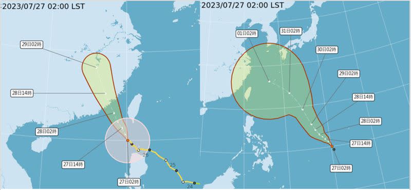 左圖：27日2時中央氣象局路徑潛勢預測圖顯示，中颱杜蘇芮未來通過巴士海峽、台灣海峽南部、28日上午進入福建，登陸點距金門並不遠。 右圖：菲律賓東方另有一熱帶低帶，今晚有發展成第6號颱風「卡努」的機率，大致往西北朝琉球方向前進，路徑不確定性（紅框）大。