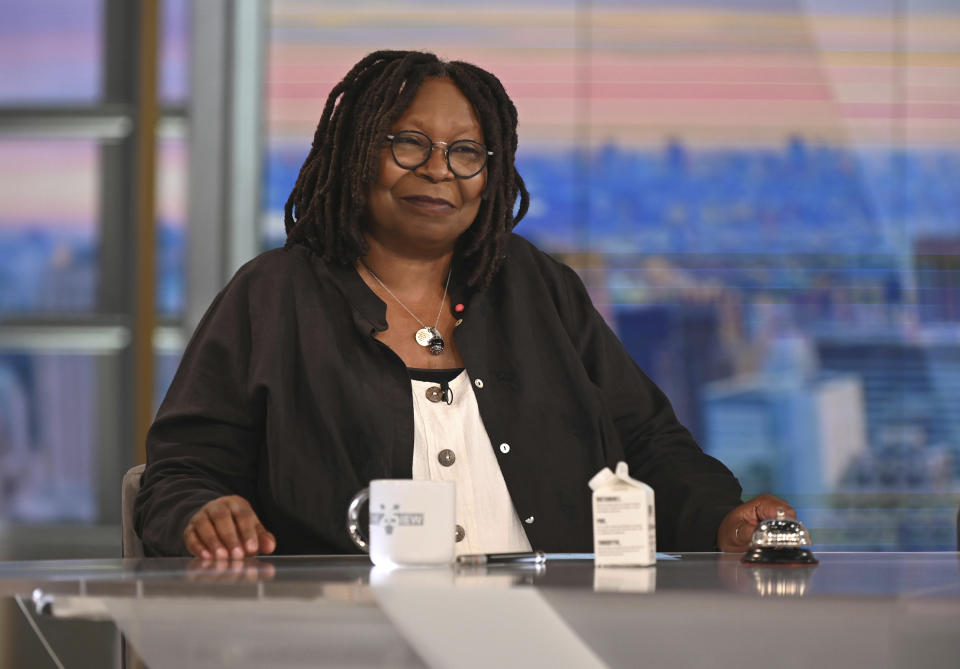 This image released by ABC shows co-host Whoopi Goldberg on the set of the daytime talk series "The View." Goldberg’s colleagues on the ”The View'' had virtually nothing to say Wednesday about her two-week suspension for her comments earlier this week on Jews and the Holocaust. At the top of the ABC talk show, co-host Joy Behar noted Goldberg’s absence and said simply with a tiny head tilt, “OK,” before moving on to other topics (Jenny Anderson/ABC via AP)