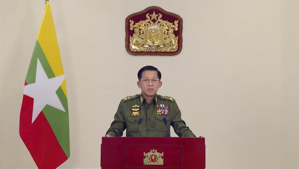 In this image taken from video posted in Tatmadaw True Information Team Facebook page, State Administrative Council Chairman and Commander-in-Chief Senior Gen. Min Aung Hlaing makes a televised statement Thursday, Feb. 11, 2021, in Naypyitaw, Myanmar. The hopes of building a robust democracy in Myanmar were shattered when the powerful military toppled the elected government of Aung San Suu Kyi and her National League for Democracy party in Feb. 1 coup. (Tatmadaw True Information Team Facebook page via AP)