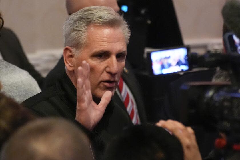 Rep. Kevin McCarthy, R-Calif., talks after Republican presidential candidate former President Donald Trump spoke at a caucus night rally in Las Vegas, Thursday, Feb. 8, 2024. (AP Photo/Mark J. Terrill)
