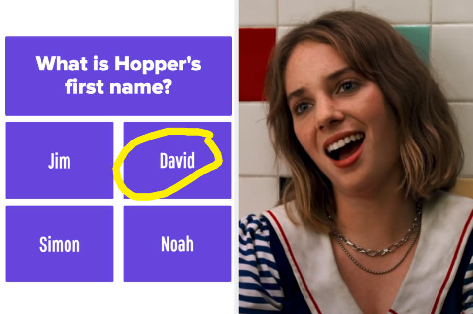 Question "What is Hopper's first name?" with an answer circled; Robin smiling