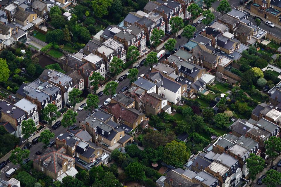 house prices File photo dated 9/7/2021 of an aerial view of terraced housing, as house prices have fallen in every local property market in South and East England this year, as higher mortgage rates have weakened demand for new homes, figures have shown.