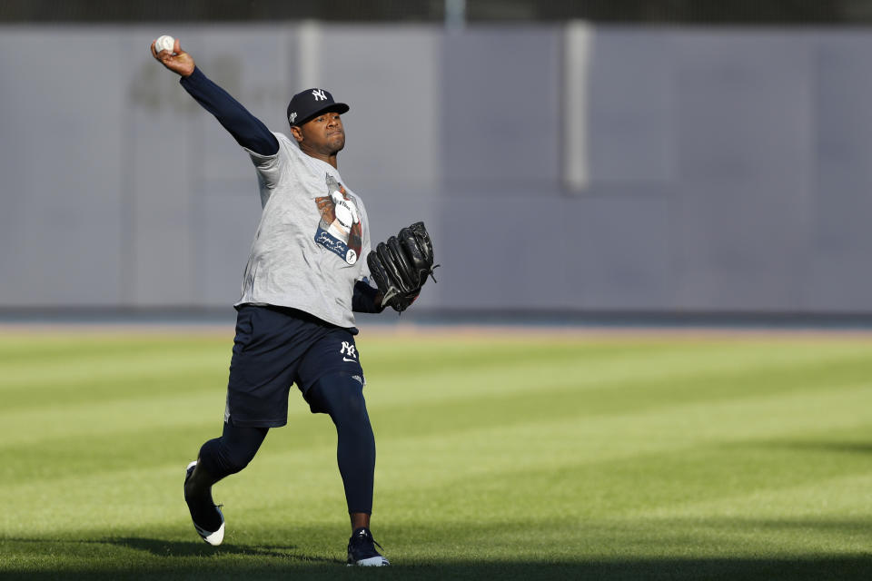 New York Yankees starting pitcher Luis Severino throws on an empty field, Monday, Oct. 14, 2019, at Yankee Stadium in New York on an off day during the American League Championship Series between the Yankees and the Houston Astros. Severino is scheduled to face Astros ace Gerrit Cole in Game 3 Tuesday afternoon in New York. (AP Photo/Kathy Willens)