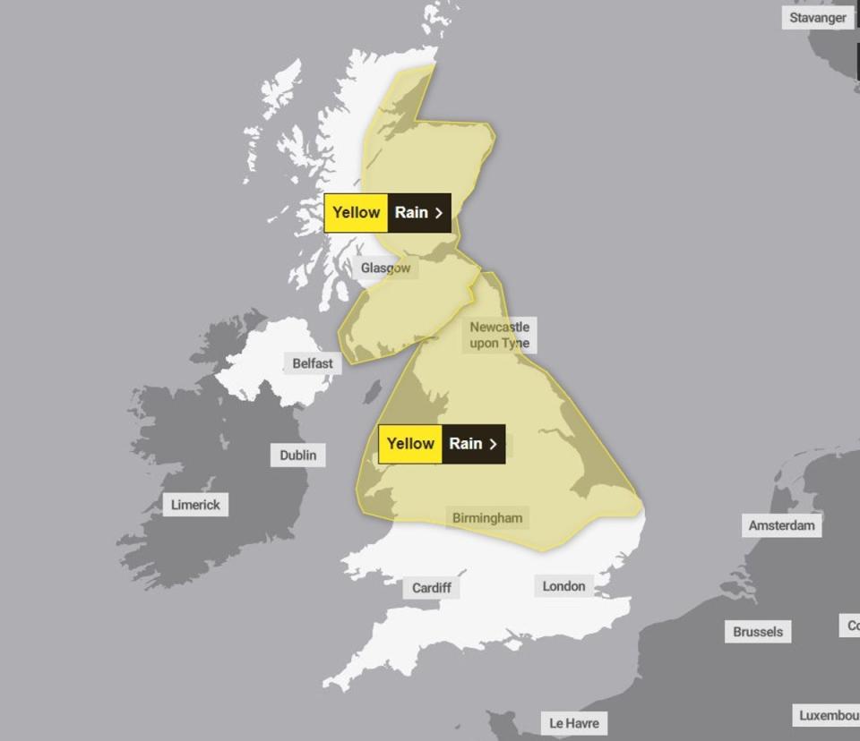 Yellow weather warnings for rain will be place for the Midlands and the north of England on Wednesday until 6am on Thursday, while in Scotland they are in force for the eastern side of the country from noon until 6pm on Thursday (Met Office)