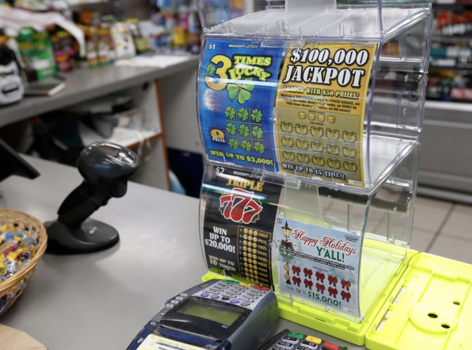 Scratchies on display in a shop.