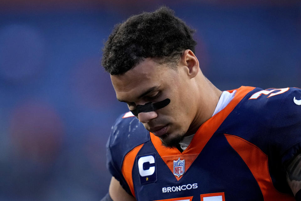 Denver Broncos free safety Justin Simmons leaves the field after an NFL football game against the Las Vegas Raiders, Sunday, Oct. 17, 2021, in Denver. (AP Photo/Jack Dempsey)