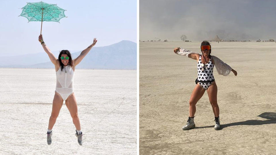 This is me, being positively unsexy at Burning Man, over the last two years and definitely not flashing my bits. Soz guys. Source: Rebekah Scanlan