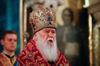 Patriarch Filaret, head of the Ukrainian Orthodox Church of the Kiev Patriarchate, addresses believers as he conducts a service at the Volodymysky Cathedral in Kiev, Ukraine October 11, 2018. REUTERS/Valentyn Ogirenko