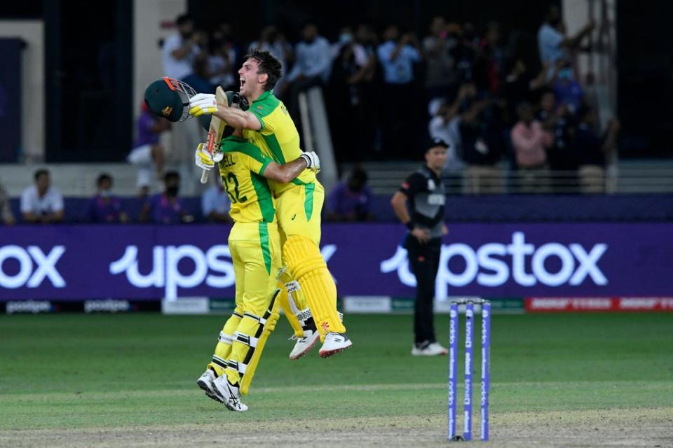 Australia's Glenn Maxwell (L) and Mitchell Marsh celebrate their win (Getty Images)