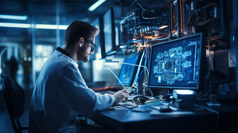 A technician testing and configuring a digital solution at a lab workstation.