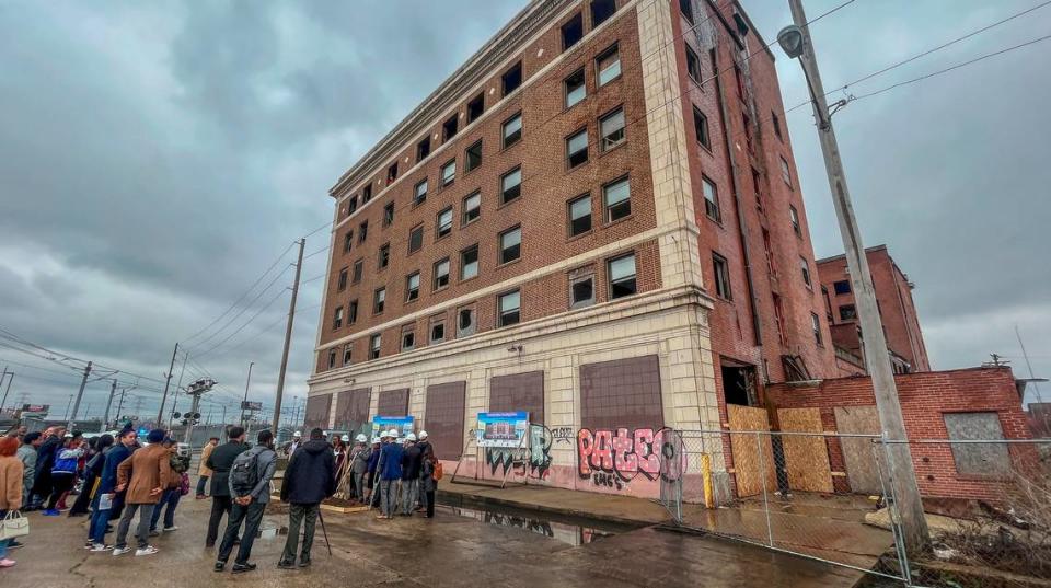 Public officials and developers celebrate the groundbreaking for the $44 million Broadview Hotel revitalization project in downtown East St. Louis in this March 2023 file photo. Construction was scheduled to launch in April 2023 and continue for a planned 18-month construction schedule.