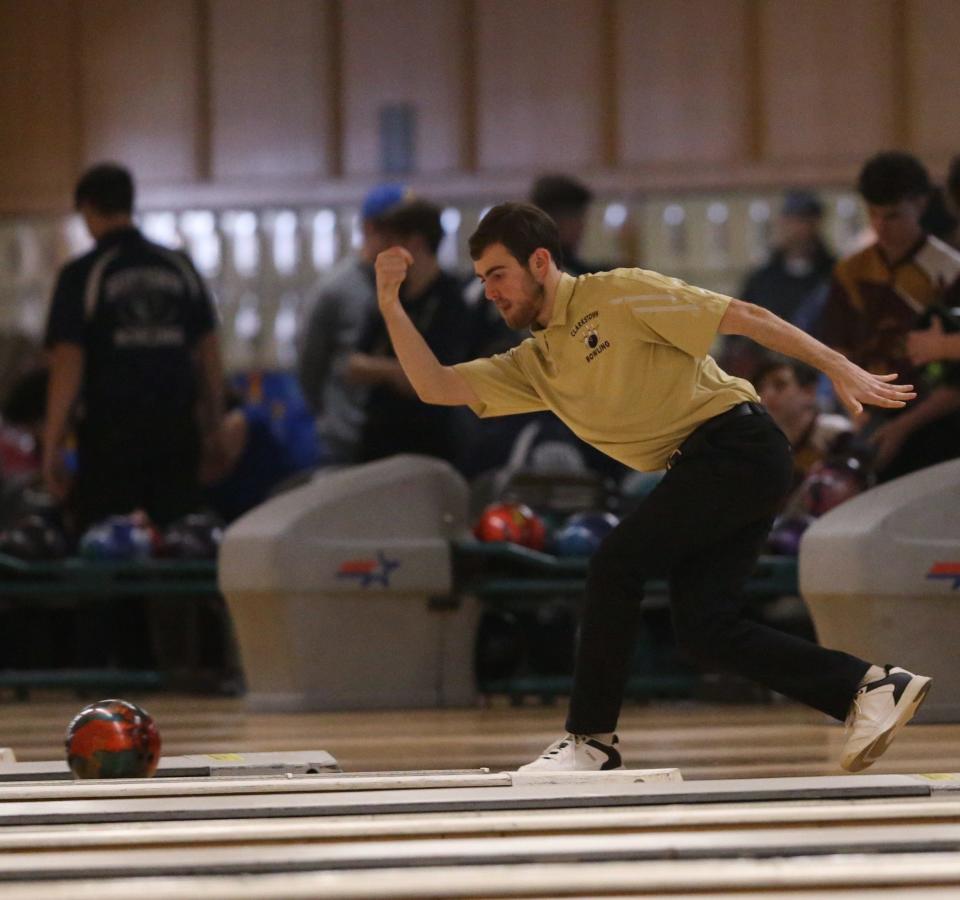 Clarkstown's Matthew Evans bowls in the Section 1 boys bowling championship in Fishkill on February 14, 2024. Evans had a final combined score of 1410.