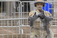 A member of the National Guard stands guard in front of the Philadelphia Municipal Services Building in Philadelphia, Pa., Friday, Oct. 30, 2020. (Jose F. Moreno/The Philadelphia Inquirer via AP)