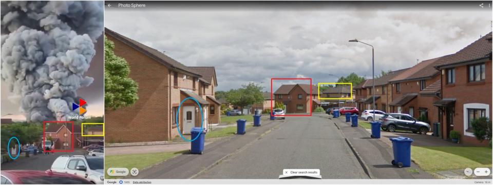 <span>Screenshot comparison between the clip in the misleading post (left) and the Google Earth imagery of the residential area in Ritchie Park (right) with similar elements highlighted by AFP </span>