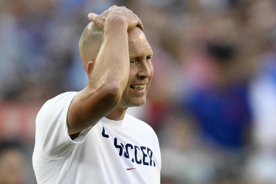 FILE - Untied States coach Gregg Berhalter reacts during the first half of a Copa America Group C soccer match against Uruguay Monday, July 1, 2024, in Kansas City, Mo. Berhalter was fired as U.S. men's soccer coach on Wednesday, July 10, 2024, after his team's first-round exit from the Copa America flamed doubts he was the right person to remain in charge for the 2026 World Cup, a person familiar with the decision told The Associated Press. (AP Photo/Reed Hoffmann, File)