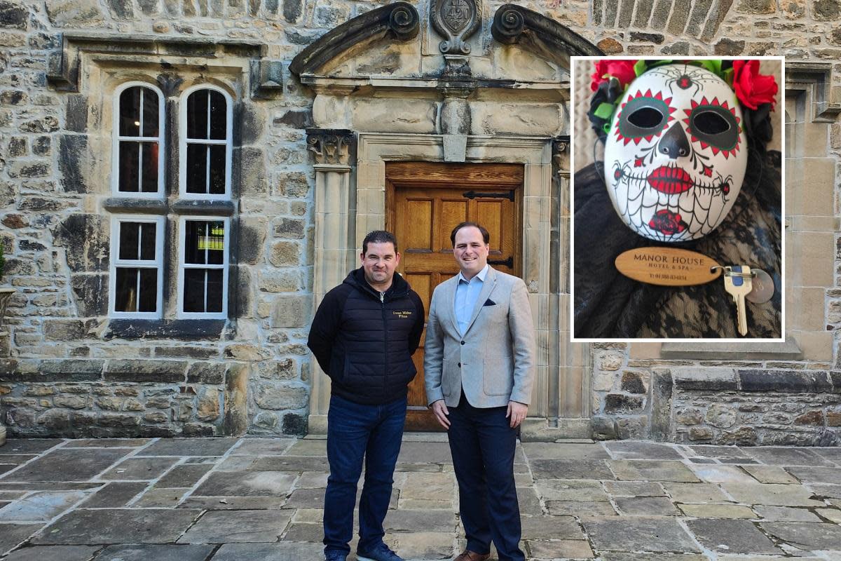 Dean Midas, left, with Johnathon Cairns, the general manager of The Manor House Hotel and Spa, West Auckland, and, inset, the key to the hotel's new 'Eve Suite' <i>(Image: DEAM MIDAS)</i>