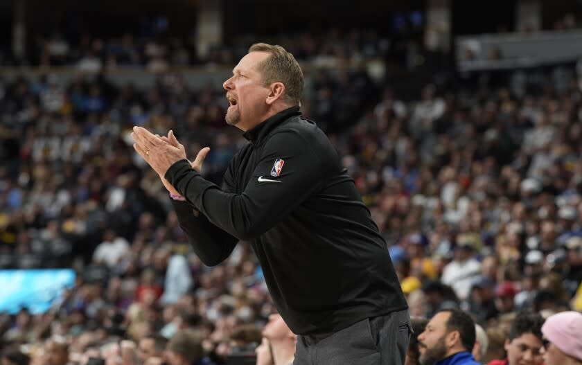 Toronto Raptors head coach Nick Nurse () in the second half of an NBA basketball game Saturday, March 12, 2022, in Denver. (AP Photo/David Zalubowski)