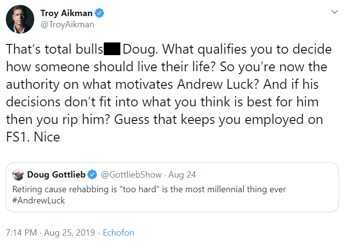 Screen shot of Troy Aikman's tweet blasting Doug Gottlieb