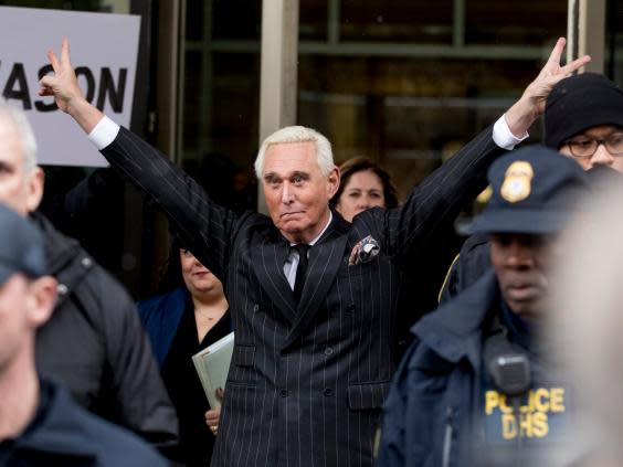 Roger Stone after he was released on bail in January 2019 (AP)
