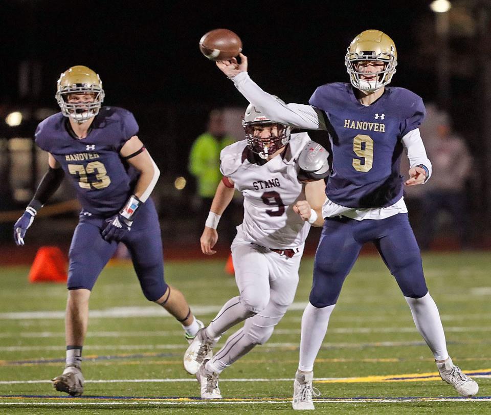 Hanover quarterback Ben Scalzi has plenty of time to throw a pass to receiver Mehki Bryan.

The Hanover Hawks hosted Bishop Stang Spartans in MIAA football action on Friday Nov. 10, 2023