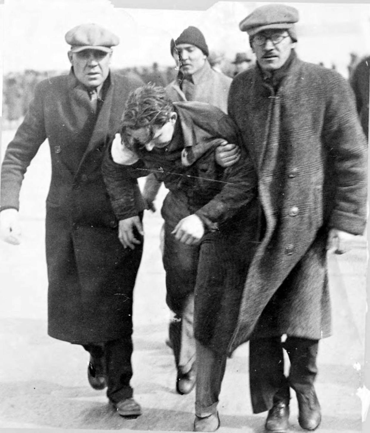 A Dearborn policeman knocked unconscious was the first casualty of the 1932 Ford Hunger March in Detroit and Dearborn. <a href="https://wayne.contentdm.oclc.org/digital/collection/vmc/id/35955/rec/1" rel="nofollow noopener" target="_blank" data-ylk="slk:Walter P. Reuther Library, Archives of Labor and Urban Affairs, Wayne State University/Detroit News Burckhardt.;elm:context_link;itc:0;sec:content-canvas" class="link ">Walter P. Reuther Library, Archives of Labor and Urban Affairs, Wayne State University/Detroit News Burckhardt.</a>