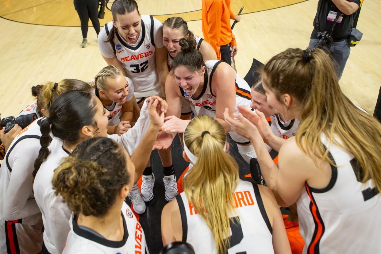 Oregon State celebrates their win as the Oregon State Beavers take on the Nebraska Huskers in the second round of the NCAA Tournament Sunday, March 24, 2024, at Gill Coliseum in Corvallis, Ore.