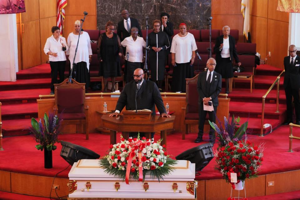 Rev Dr Johnnie Green presides over the public viewing and funeral service of Jordan Neely at Mount Neboh Baptist Church in Harlem on 19 May. (Getty Images)