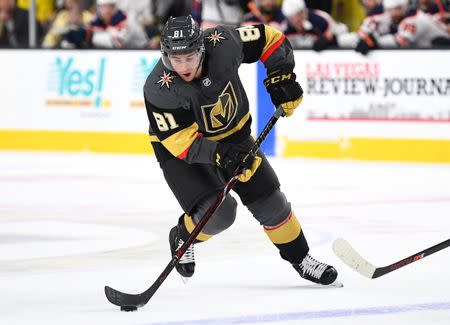 Apr 1, 2019; Las Vegas, NV, USA; Vegas Golden Knights center Jonathan Marchessault (81) skates during the second period against the Edmonton Oilers at T-Mobile Arena. Mandatory Credit: Stephen R. Sylvanie-USA TODAY Sports