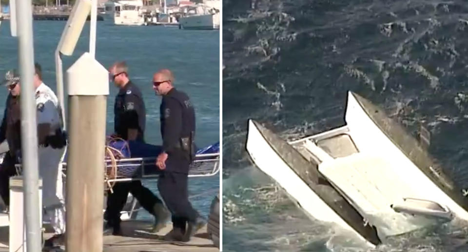 Photo of a victim being carried from the scene and the overturned boat in the ocean off the NSW coast.