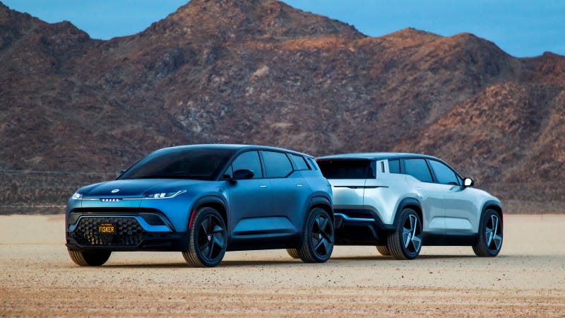 A photo of two Fisker Ocean electric SUVs. 