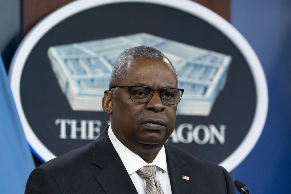 Secretary of Defense Lloyd Austin speaks with reporters after a virtual meeting of the Ukraine Defense Contact Group at the Pentagon, Monday, May 23, 2022, in Washington. (AP Photo/Alex Brandon)