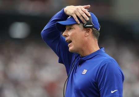 Sep 23, 2018; Houston, TX, USA; New York Giants head coach Pat Shurmur argues a call from the sidelines during the second quarter against the Houston Texans at NRG Stadium. Mandatory Credit: Matthew Emmons-USA TODAY Sports