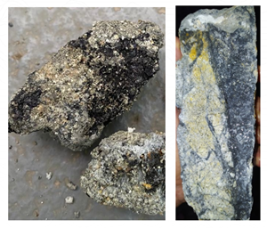 Quartz/carbonate vein samples with abundant pyrite, sphalerite, covelline and chalcopyrite. Right: Sample 3516,  Left: sample 3349.