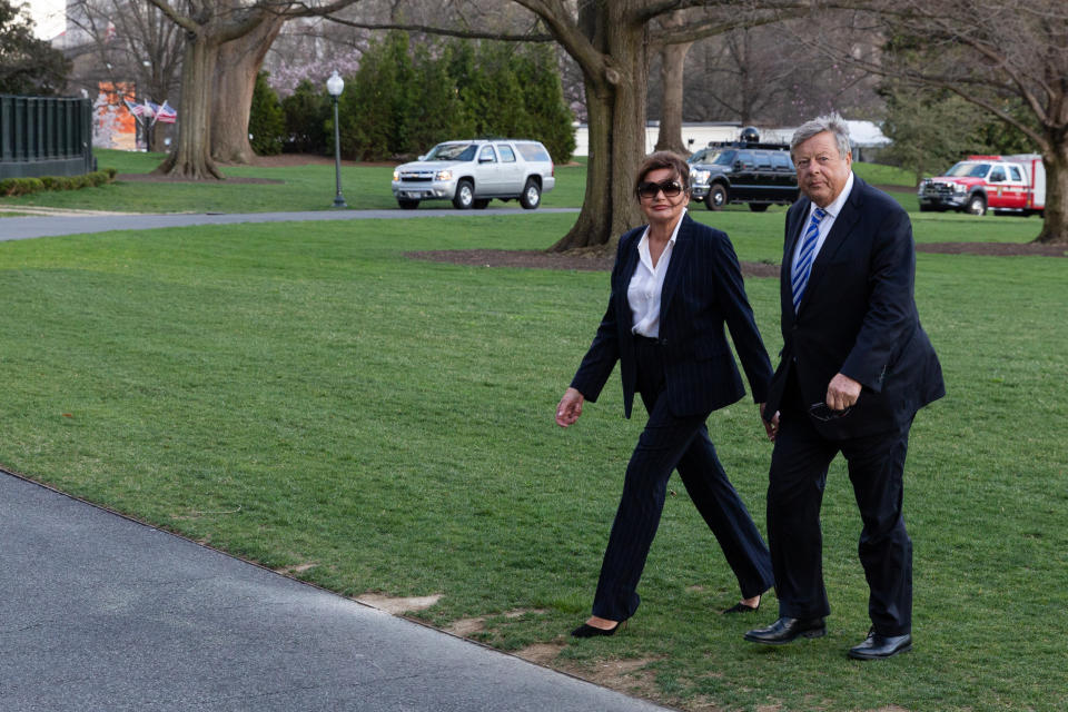 First Lady Melania Trump's parents Amalija, and Viktor Knav, walk across the South Lawn of the White House in Washington, D.C., after deboarding Marine One, on Sunday, March 31, 2019. (Photo by Cheriss May) (Photo by Cheriss May/NurPhoto via Getty Images)