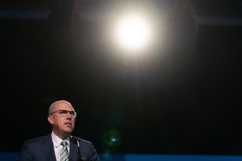 Pastor Bart Barber, a presidential candidate of the Southern Baptist Convention, speaks during its annual meeting in Anaheim, Calif., Tuesday, June 14, 2022. (AP Photo/Jae C. Hong)